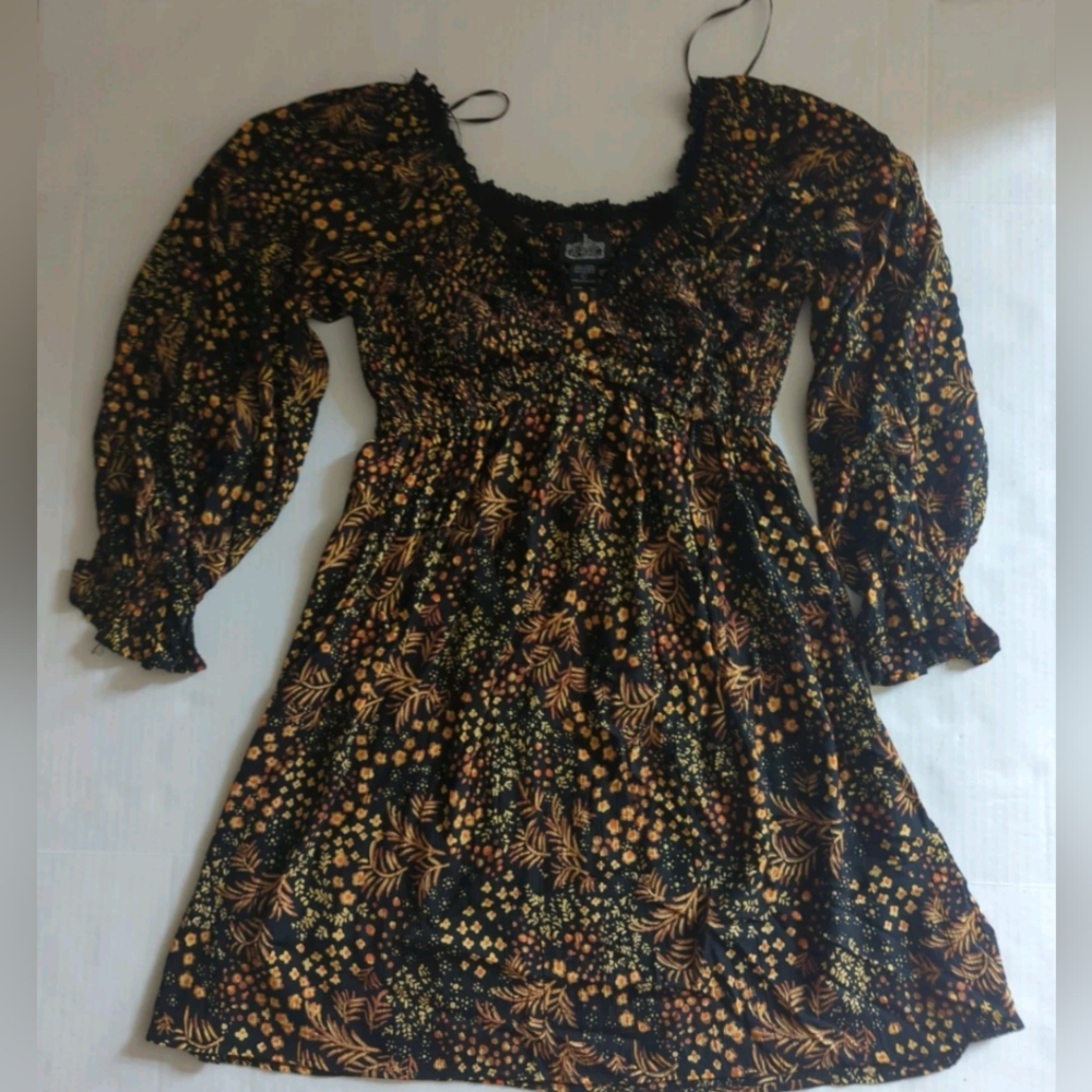 Angie Floral Long Sleeve Elastic Waist Dress Large